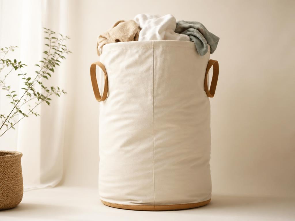 Jumbo cream canvas laundry bag, taller and overstuffed with laundry